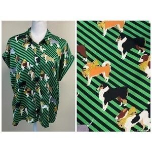 Louche Stripe Black Green Shiny Dog Print Shirt Size US 10